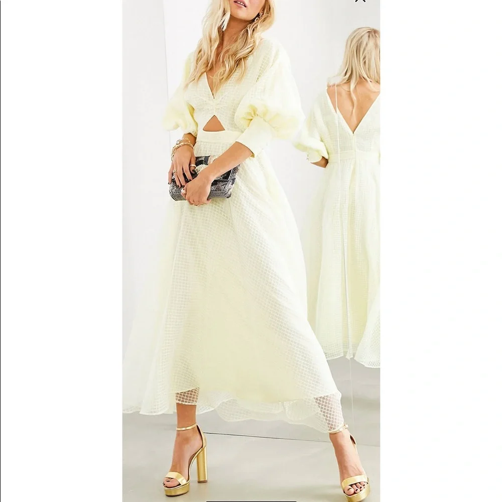 ASOS Pale Yellow Midi Dress with Puff Sleeves - Picture 1 of 8
